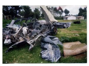 The wreckage of the car in which Angela Chibalonza and three others perished