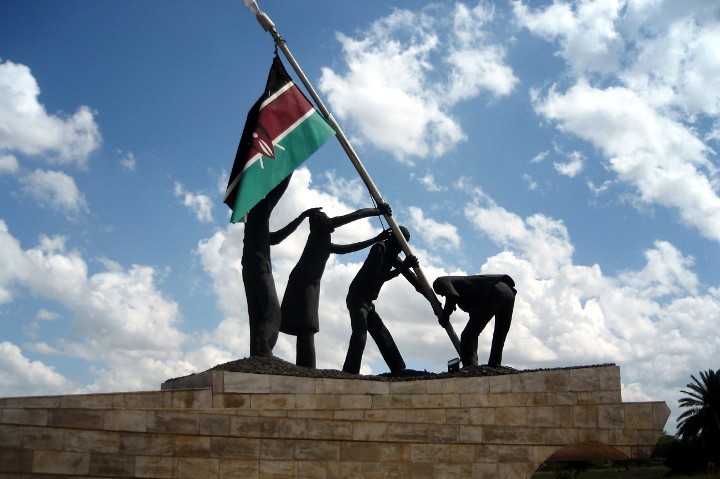 kenyan flag replaces british flag at independence in 1963, uhuru gardens, nairobi