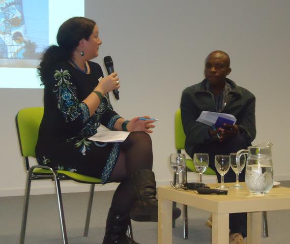Lizelle Bisschoff, Founder, Advisor and Programme Consultant of Africa in Motion Scotland African Film Festival in public discussion in Edinburgh with Ogova Ondego of Lola Kenya Screen, Nairobi, Kenya.