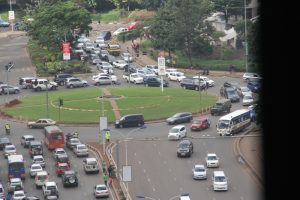 Motorists at the junction of University Way, Waiyaki Way, Nyerere Road, Uhuru Highwas in the Kenyan capital, Nairobi.
