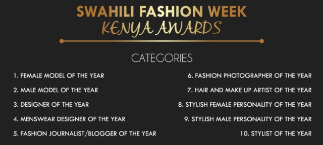 The Swahili Fashion Week's Kenya Awards shall recognise creativity in 10 categories.
