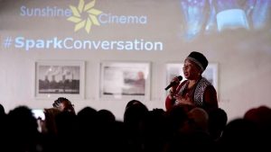 South African Storyteller Gcina Mhlophe gives a key note address at a Sunshine Cinema screening of the documentary “From Durban till Tomorrow” about the history of AIDS Activism, held at the KZN Art Gallery in September 2019. Photo by Rowan Pybus