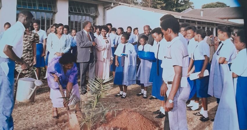 Rebeka Njau plants a commemorative tree at Moi Nairobi Girls School in 1991