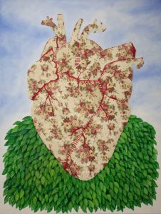Nirveda Alleck, Heart on Leaves, 2024, oil and embroidery on canvas, 80 × 100 cm. Courtesy the artist and Black Liquid Art Gallery. Photo: Nirveda Alleck