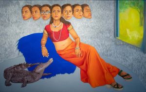 Nirveda Alleck, She had many thoughts in her head, [year], oil on canvas, 140 × 240 cm. Courtesy the artist and Black Liquid Art Gallery. Photo: Nirveda Alleck