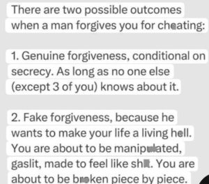 Men usually don't forgive cheating women
